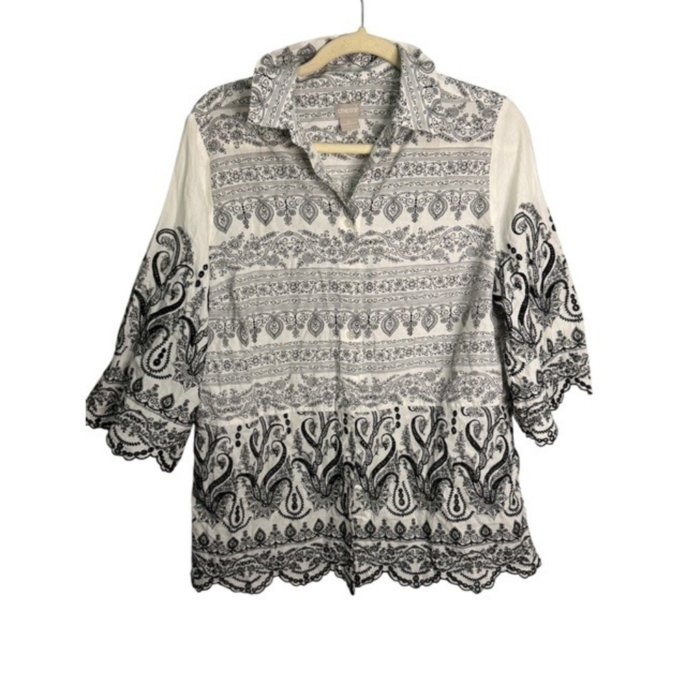 Chico's Blouse Women's Petite Large Paisley Lightweight Black White Chicos 2P